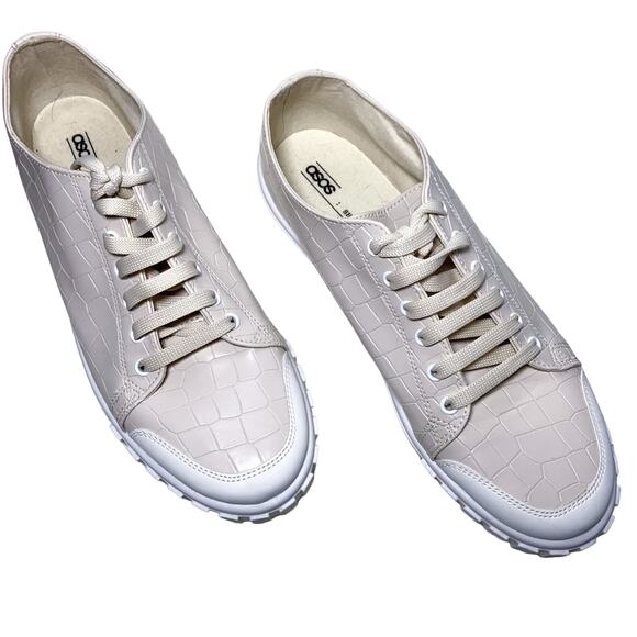 ASOS Design Italian Dismiss Lace Up Lug Trim Chunky Sneakers Glossy Beige Tan 7 - Picture 2 of 6